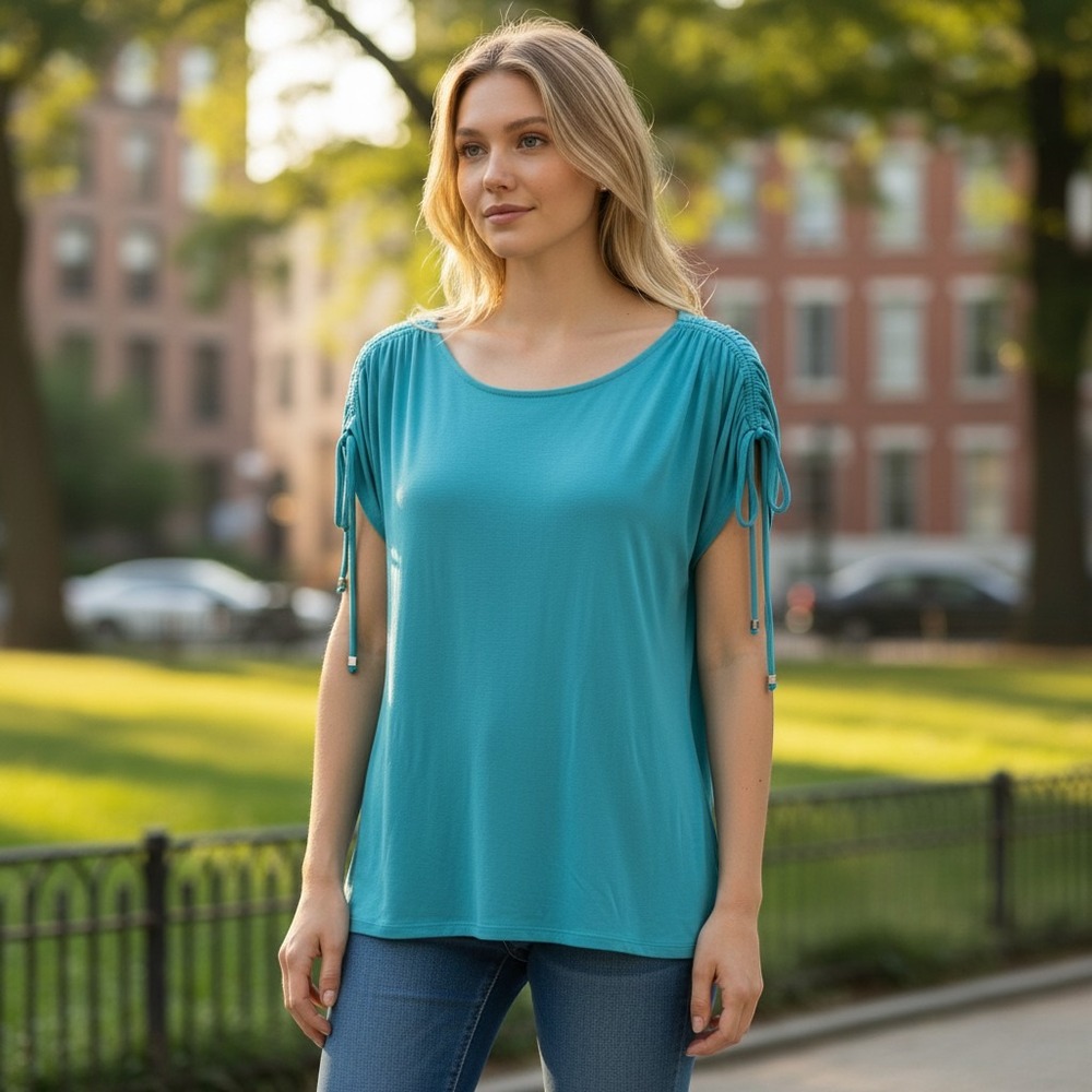 Michael Michael Kors Turquoise Blue Cinched Shoulder Drawstring Top XL Womens